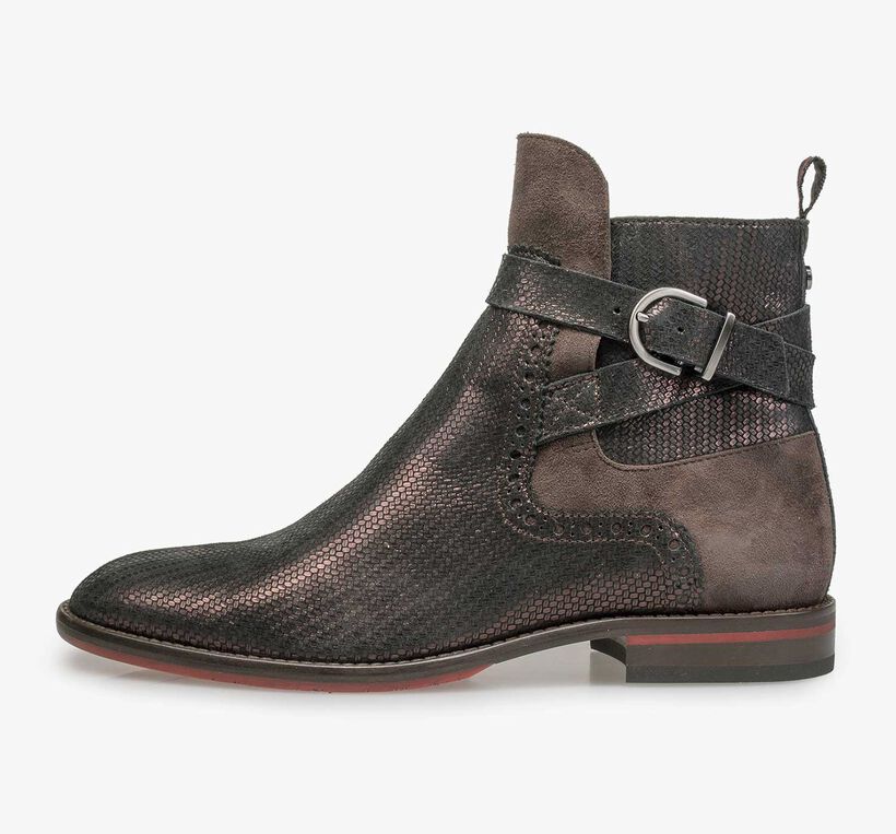 Dark red leather ankle boot with metallic print
