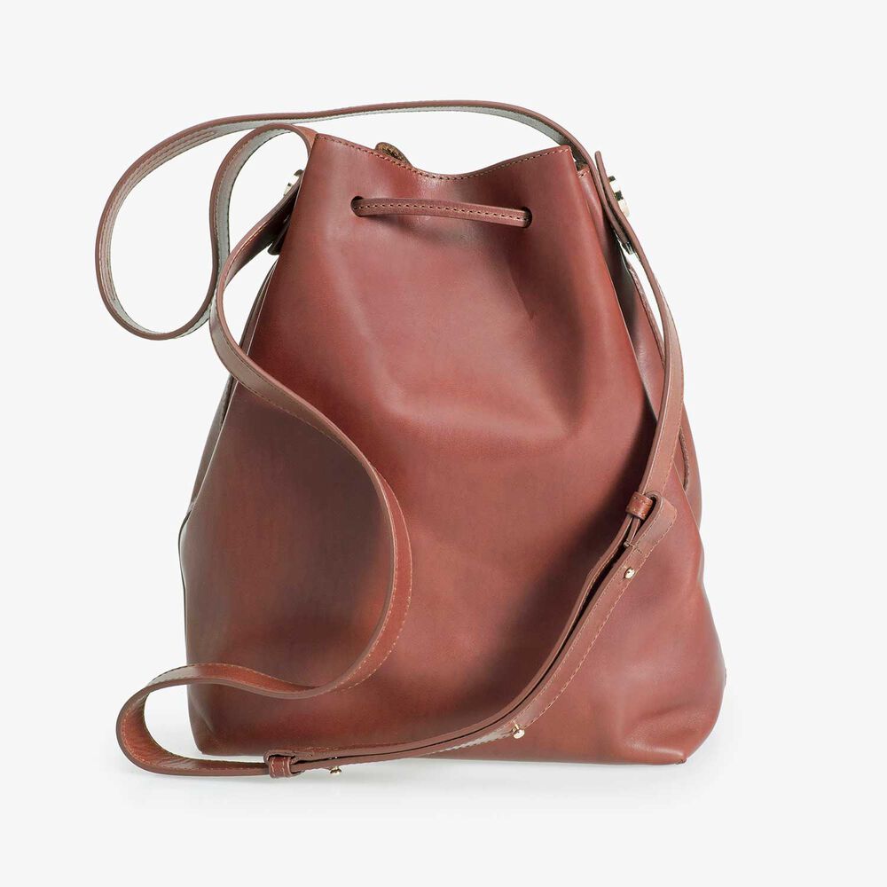 Brown leather bucket bag