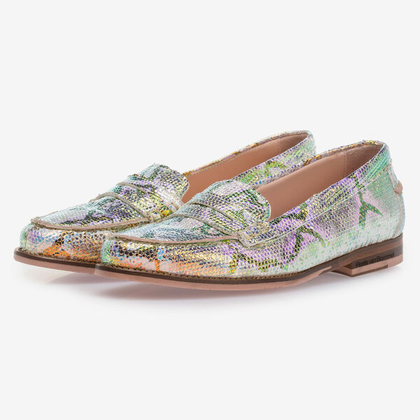 Leder-Loafer mit gr&uuml;n-goldenem Metallic-Print