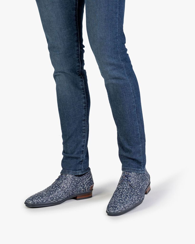 Schn&uuml;rschuh Nubukleder mit Print blau