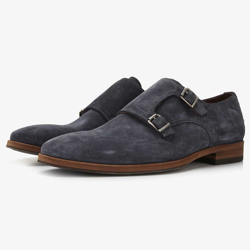 Floris van Bommel blauer Herren-Schnallenschuh aus Veloursleder