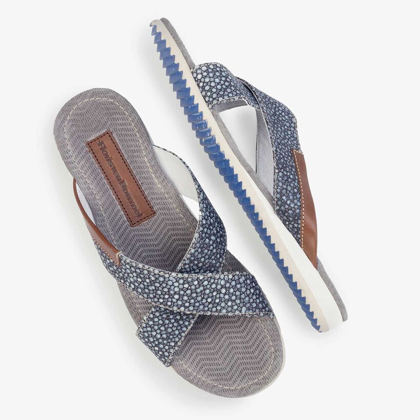 Blue, printed leather slipper with cross straps