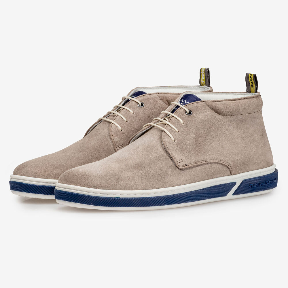 Taupe-coloured suede leather lace boot with print