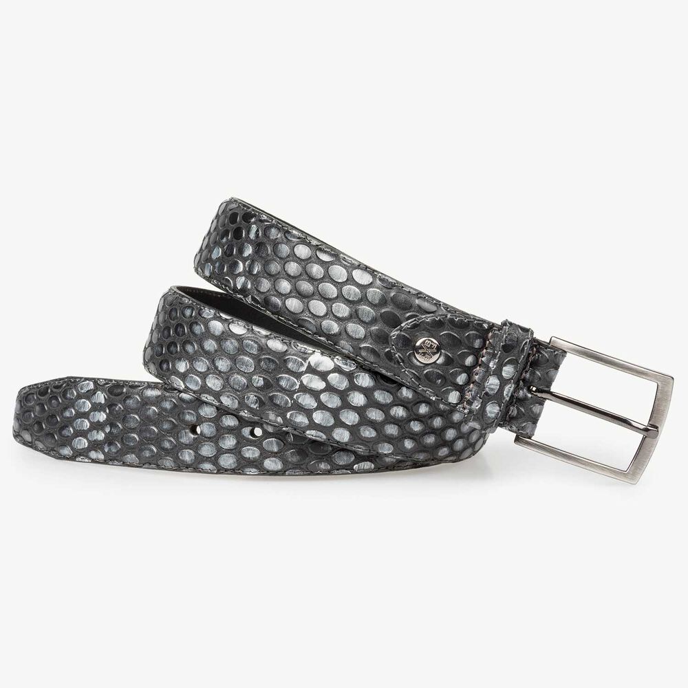 Silver-coloured leather belt with coffee bean print 