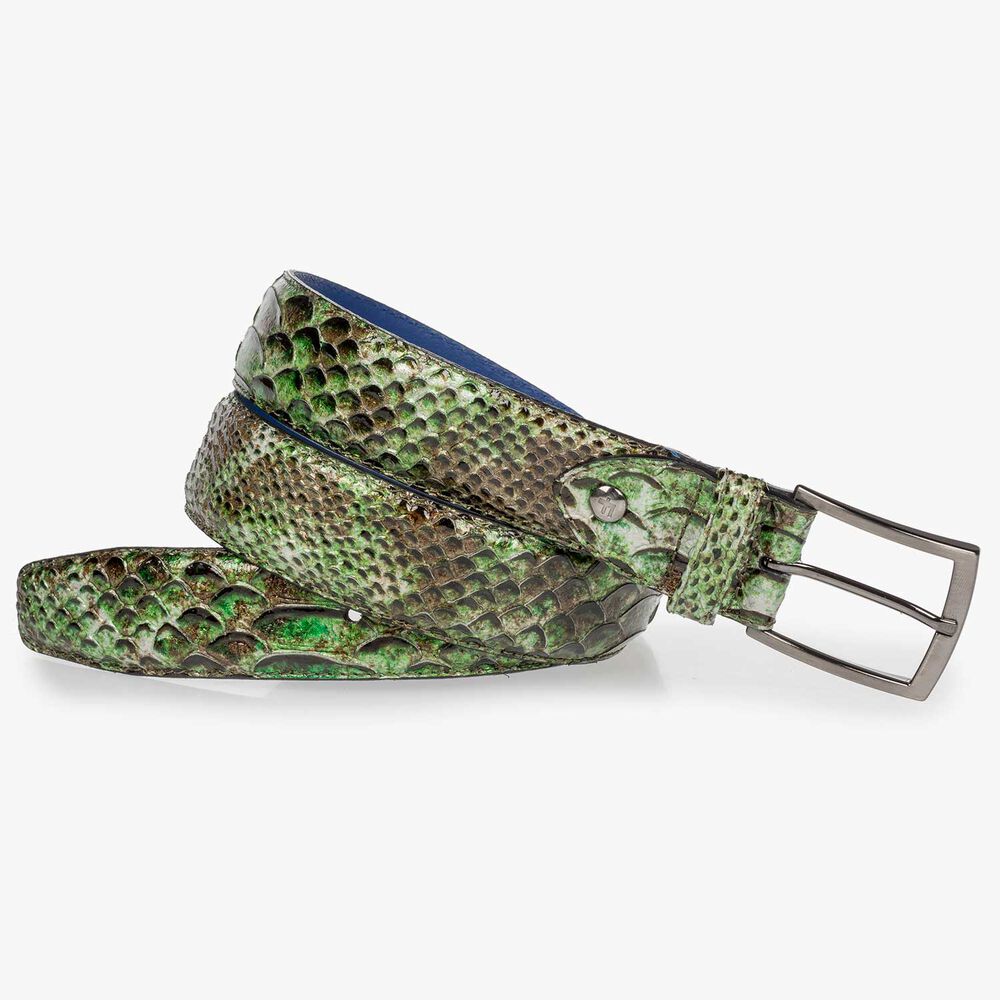 Green patent leather snake print belt