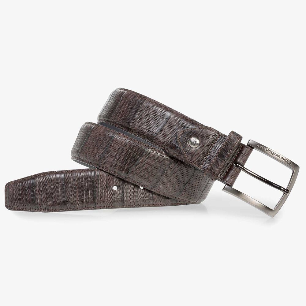 Dark brown leather belt with print