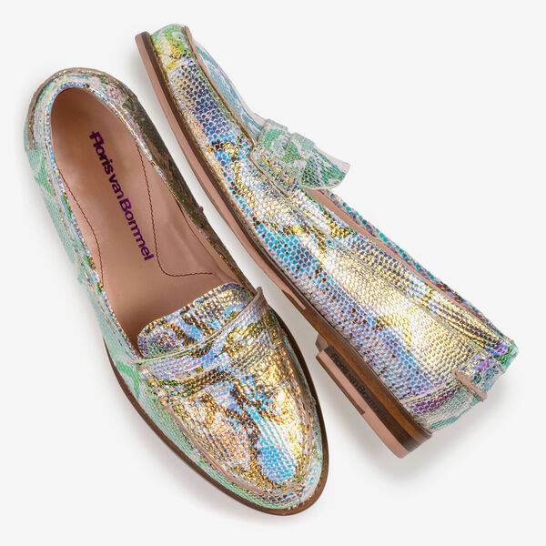 Leder-Loafer mit gr&uuml;n-goldenem Metallic-Print