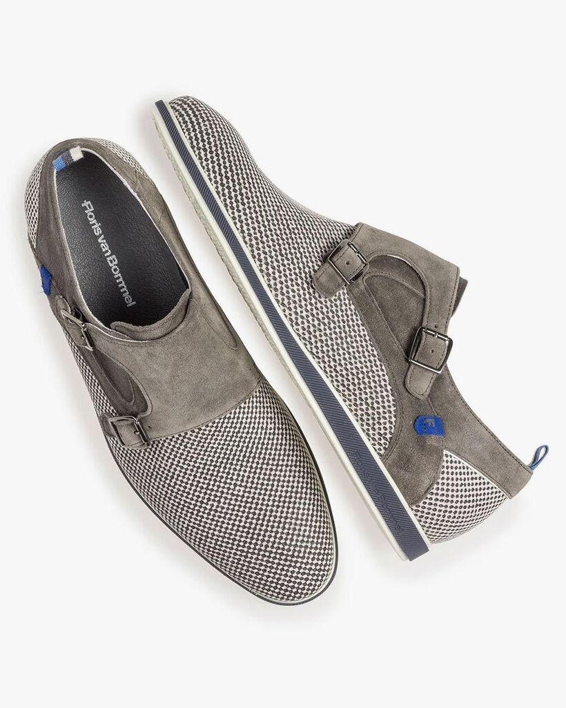 Grey suede leather monk strap with print