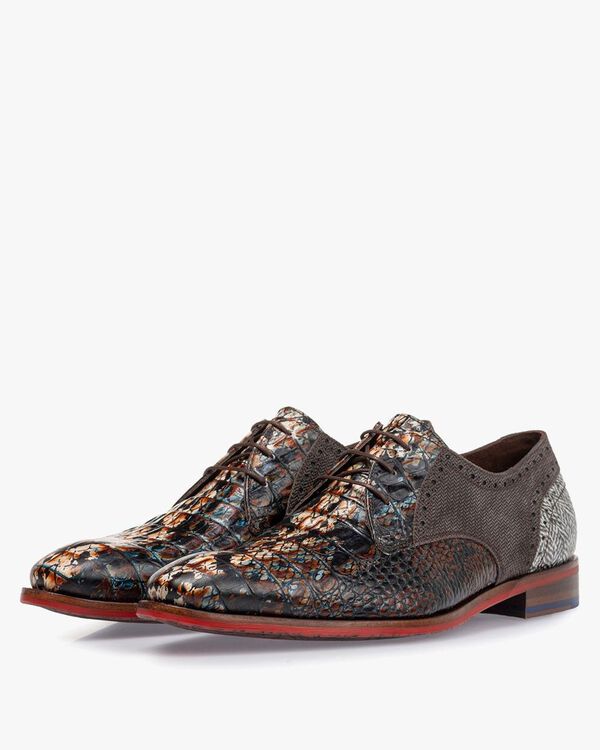Schn&uuml;rschuh Leder mit Print cognac
