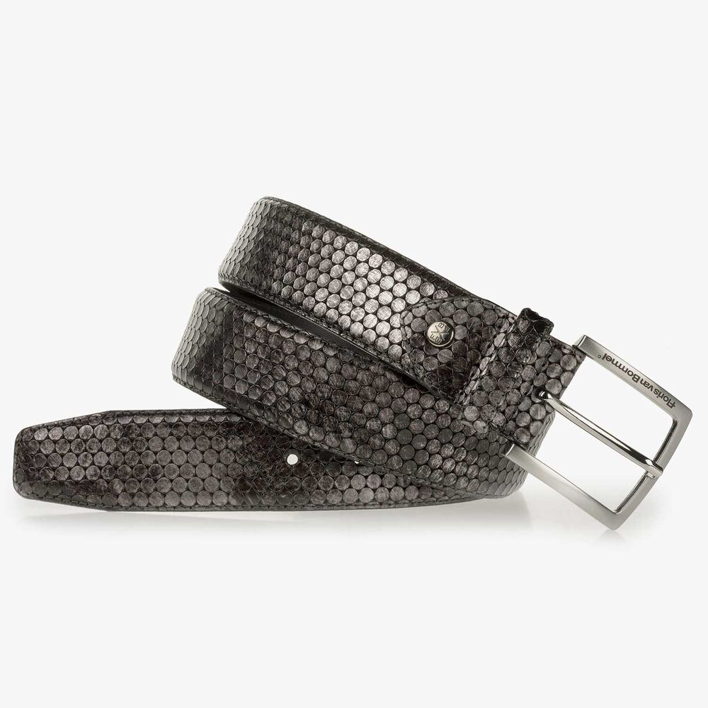 Grey leather belt with metallic print
