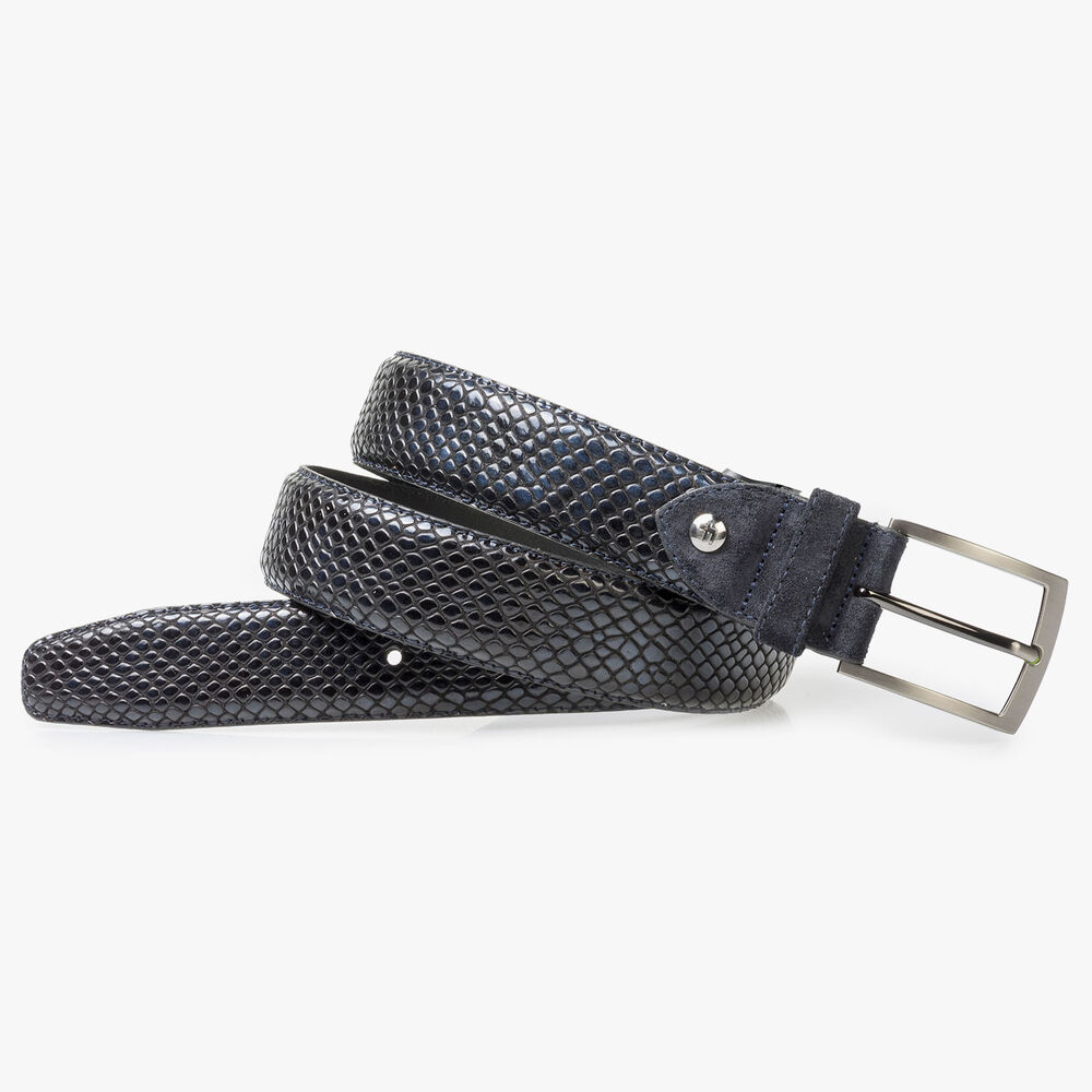 Blue printed patent leather belt