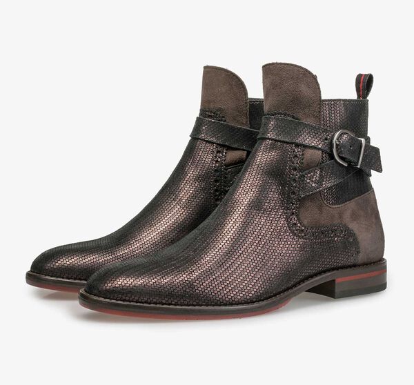 Dark red leather ankle boot with metallic print