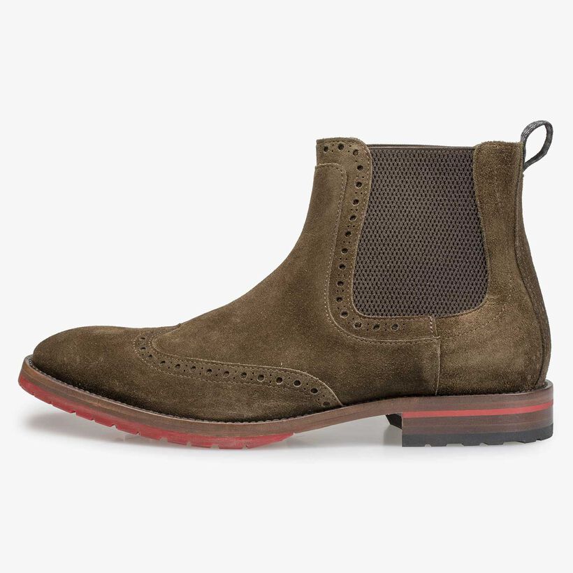 Brown/olive green calf suede leather Chelsea boot
