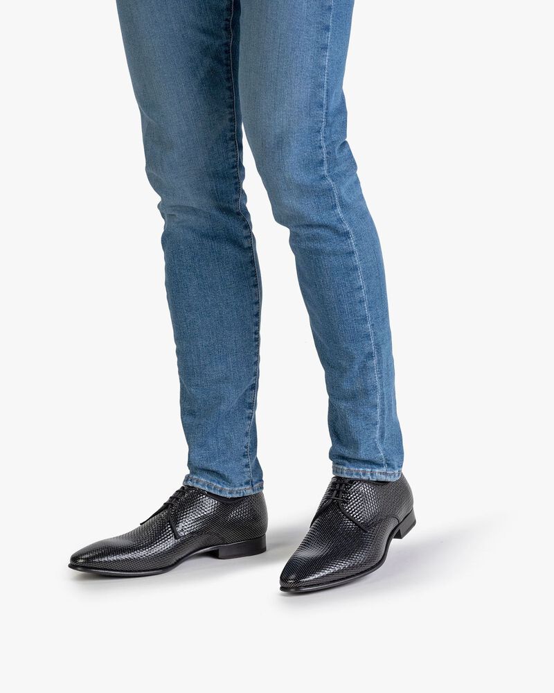 Schn&uuml;rschuh bedrucktes Leder grau