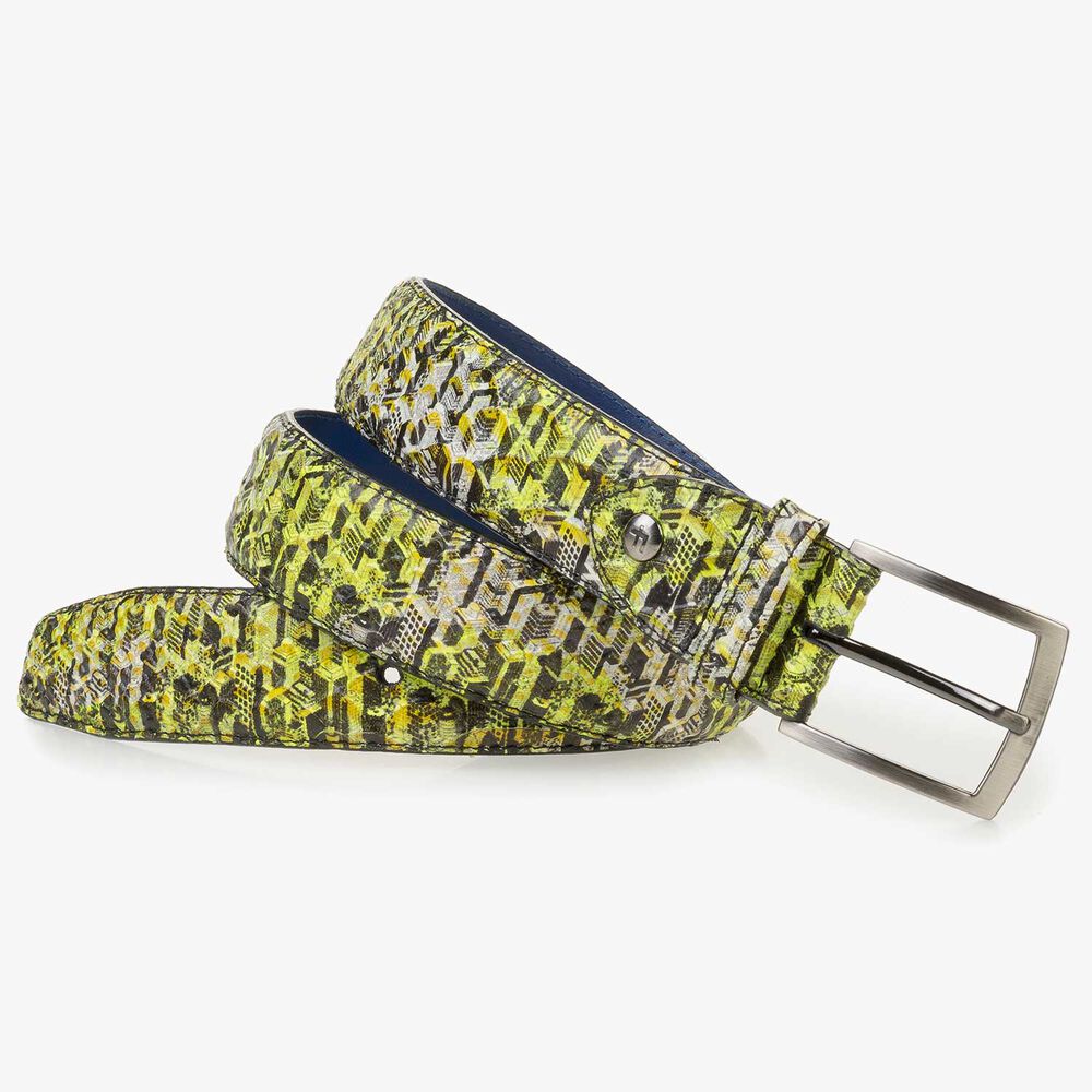 Yellow Premium calf leather belt with a snake print