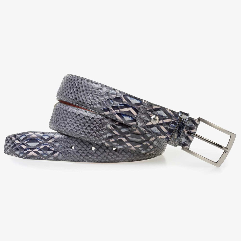 Grey calf leather belt with a snake print
