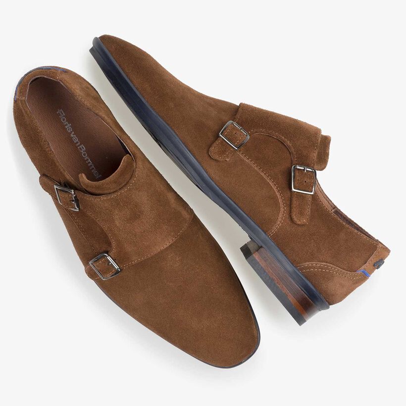 Brown calf suede leather double buckle monk strap