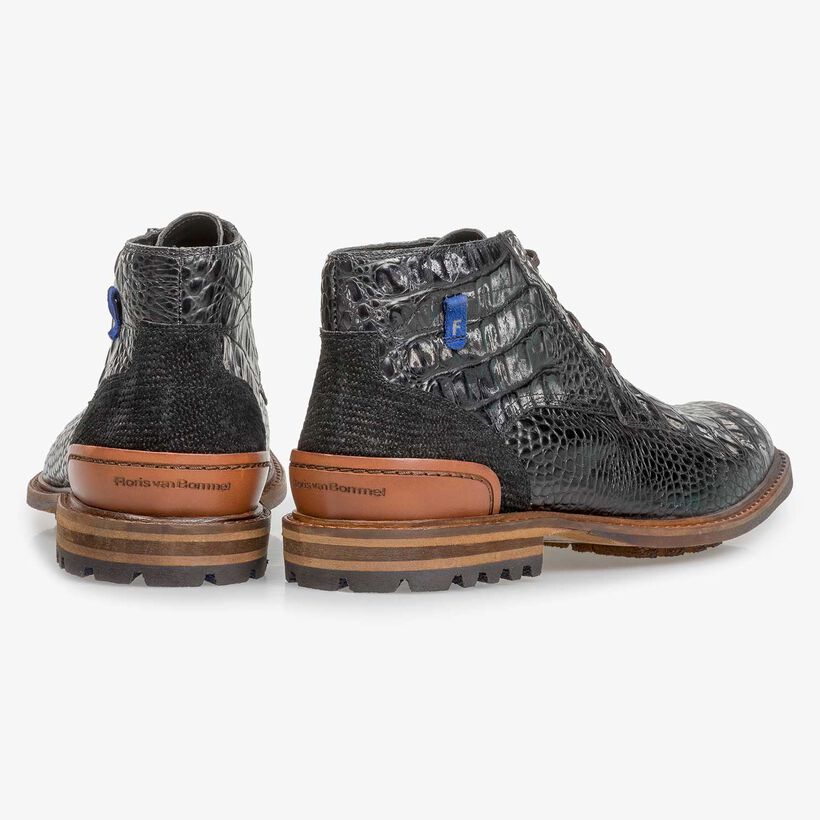 Black leather lace boot with croco print