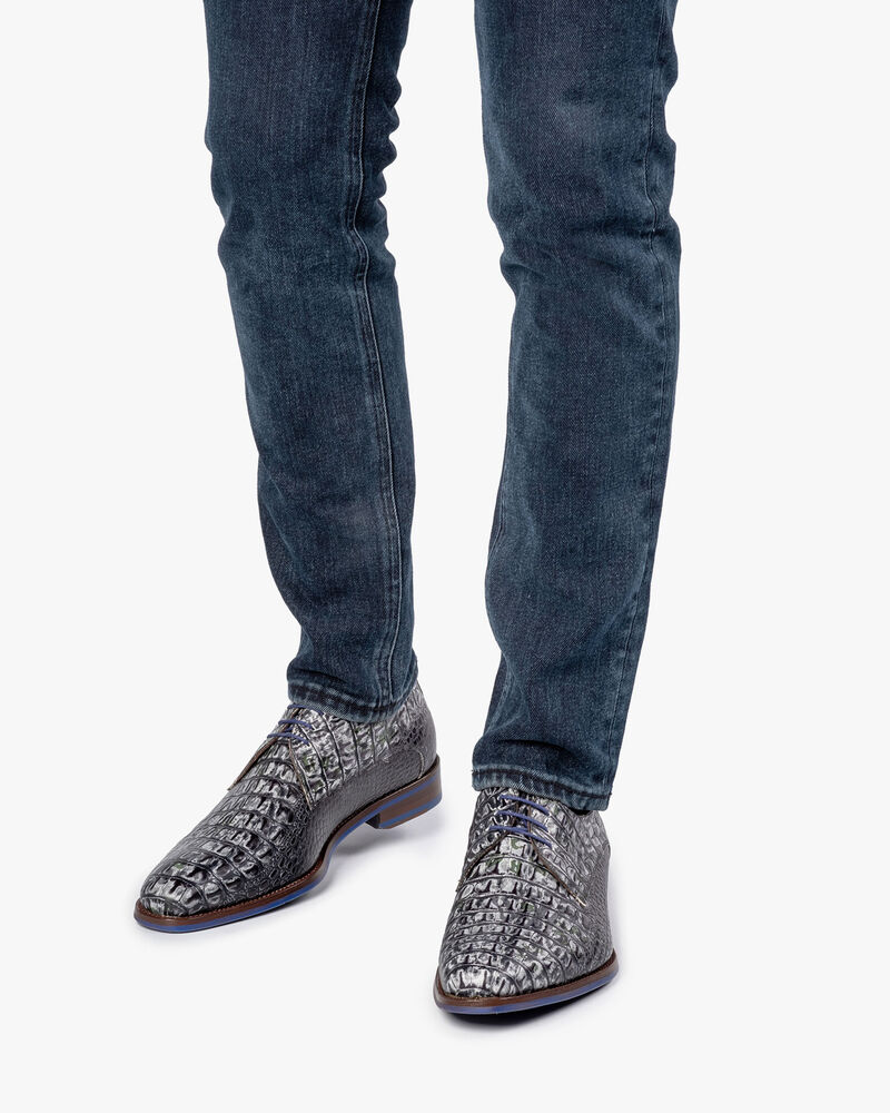 Schn&uuml;rschuh Krokoprint grau