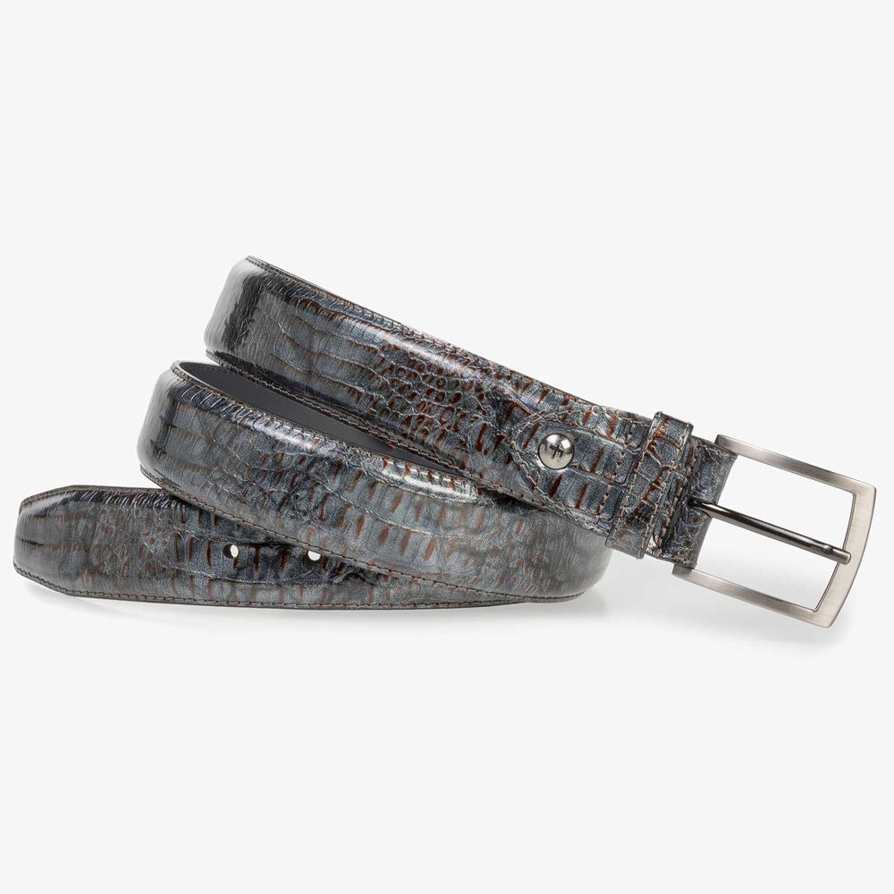 Grey patent leather belt with croco print