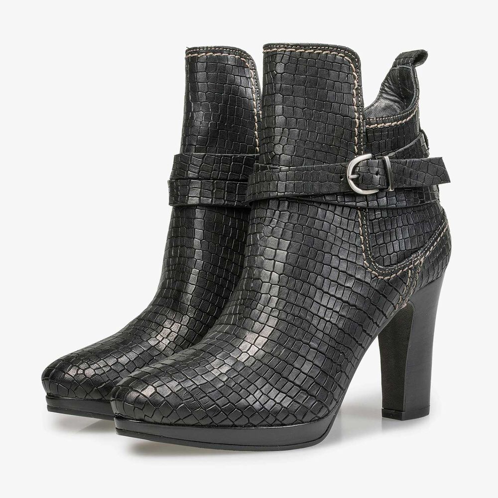 Black leather ankle boots with croco print
