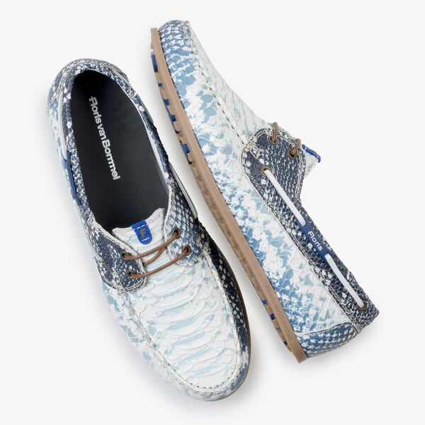Dark blue leather boat shoe with snake print
