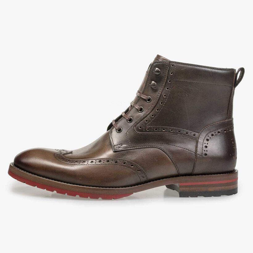 Dark brown calf leather brogue lace boot