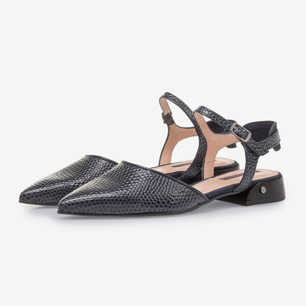 Dark blue suede leather sandals with print