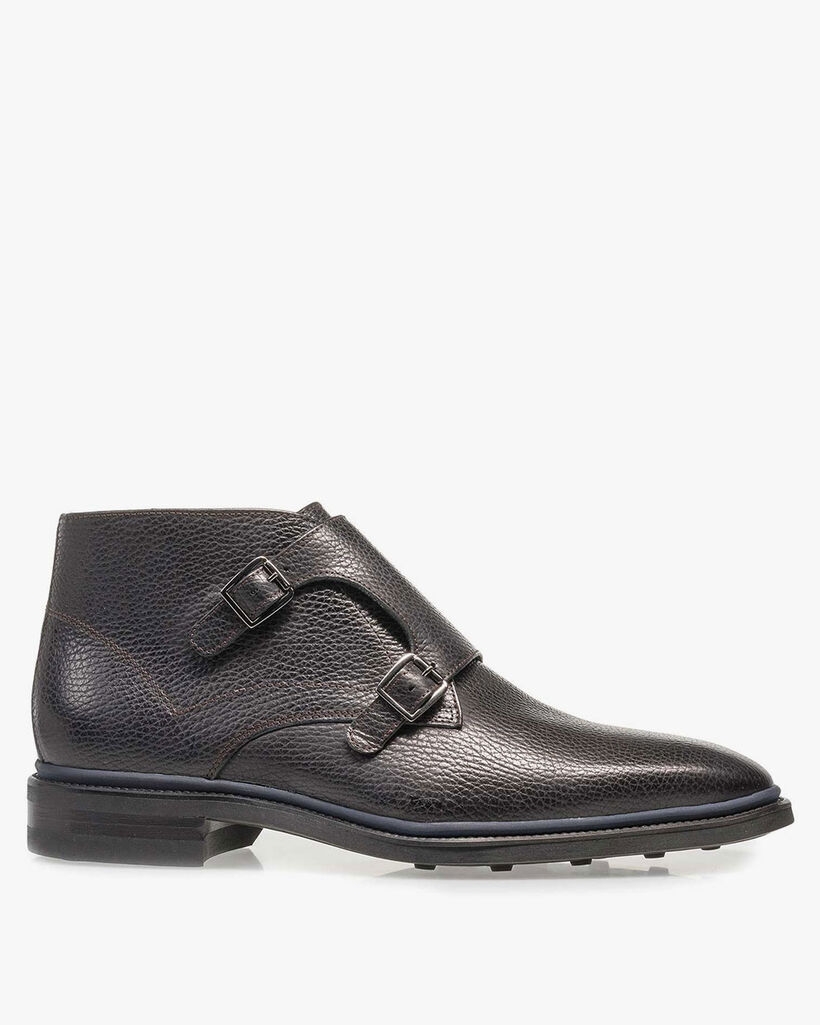Black calf leather monk strap with print