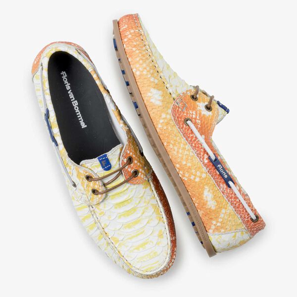 Yellow leather boat shoe with snake print