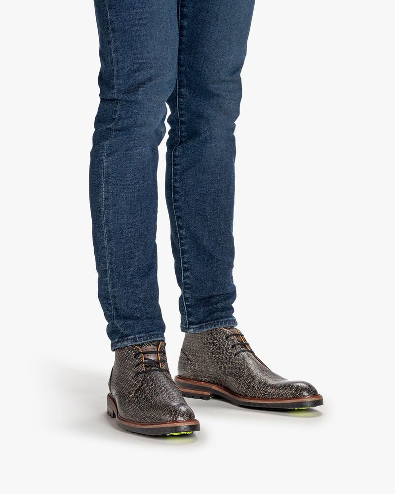 Schn&uuml;rstiefel bedrucktes Leder taupe