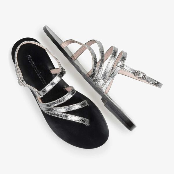 Silver metallic leather sandal with craquelé effect