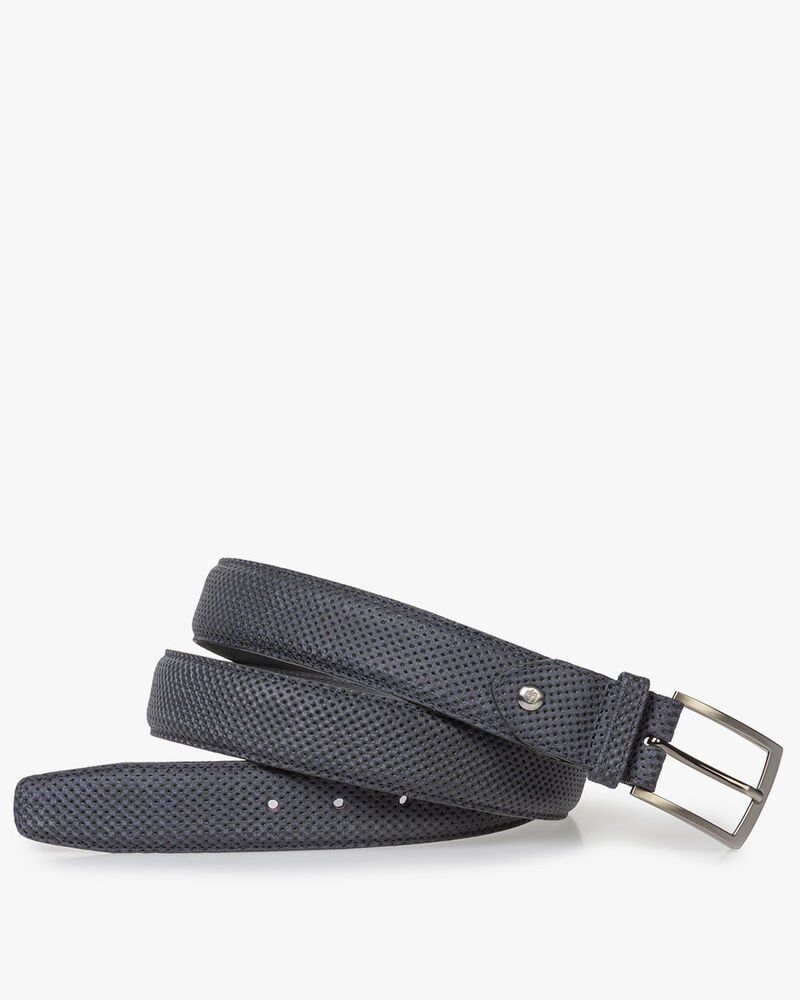 Dark blue suede leather belt with print