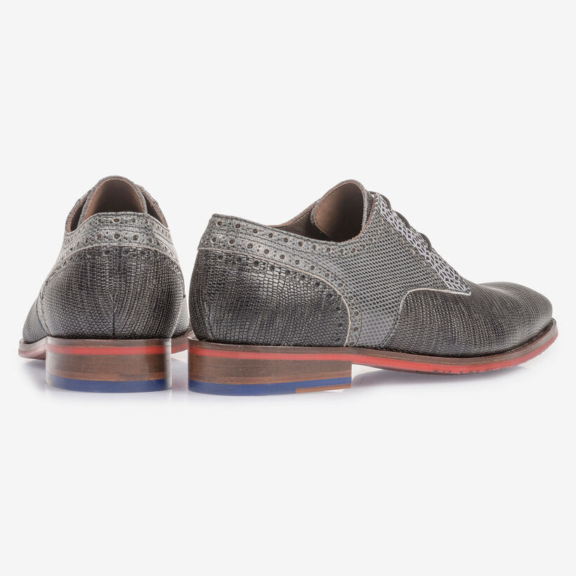 Grey leather lace shoe with lizard print
