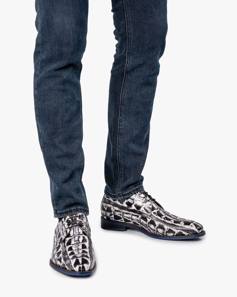 Schn&uuml;rschuh Krokoprint schwarz-wei&szlig;