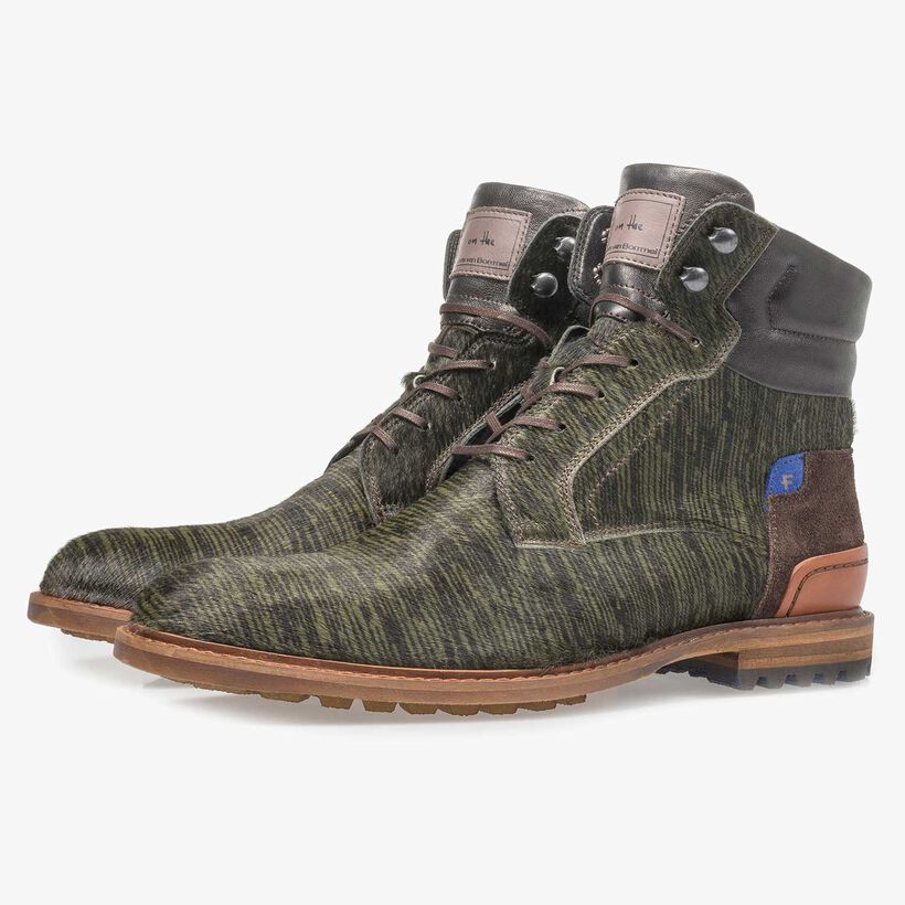 Dunkelgr&uuml;ner Premium Ponyfell-Schn&uuml;rstiefel mit Print