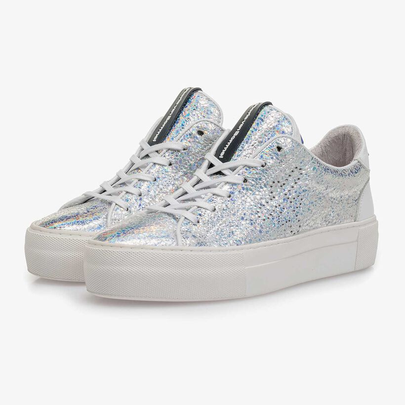 Silver metallic leather sneaker with craquel&eacute; effect