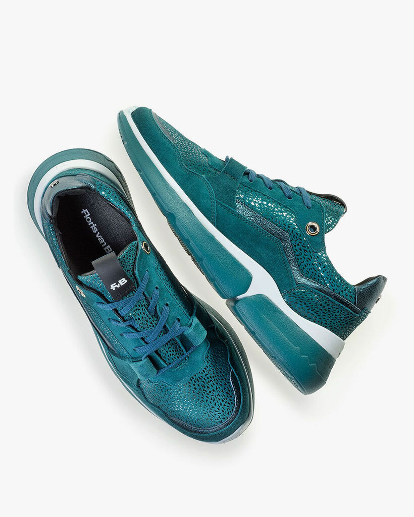 Blue suede leather sneaker with metallic print