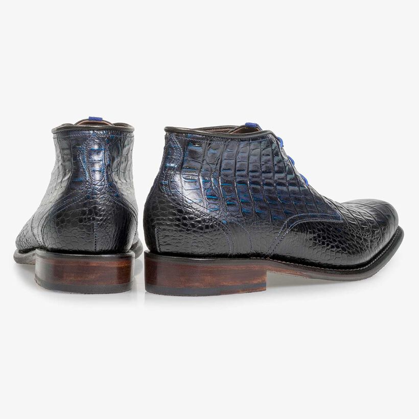 Blue leather lace boot with croco print