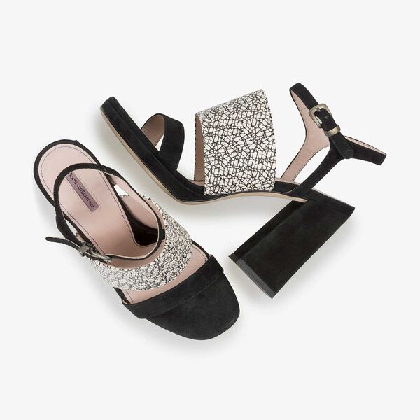 Schwarz-wei&szlig;e gemusterte Wildleder-Sandalette