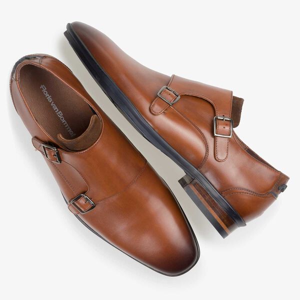 Cognacfarbener Kalbsleder Doppelmonk-Schnallenschuh
