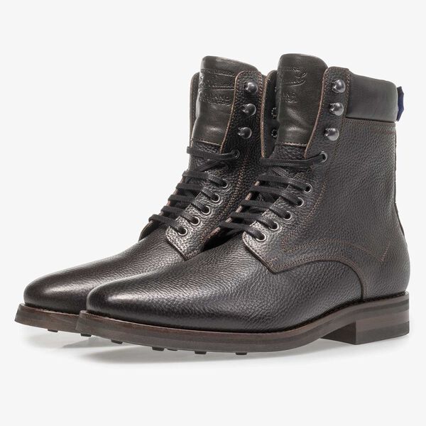 Black calf leather lace boot with print