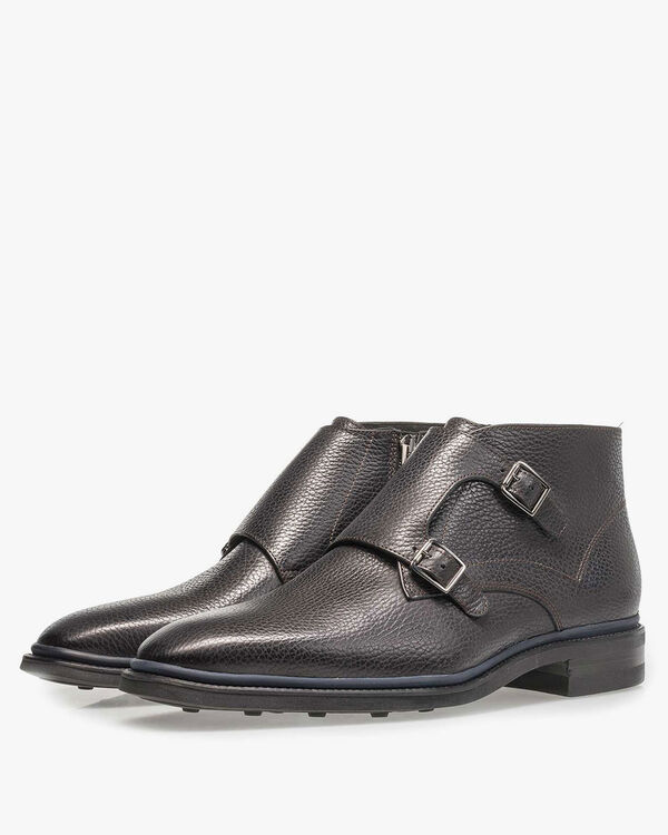 Black calf leather monk strap with print
