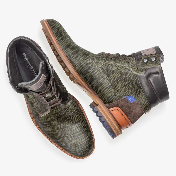 Dunkelgr&uuml;ner Premium Ponyfell-Schn&uuml;rstiefel mit Print