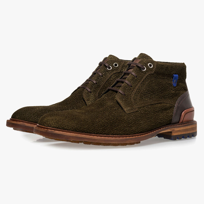 Olive green printed suede leather lace boot