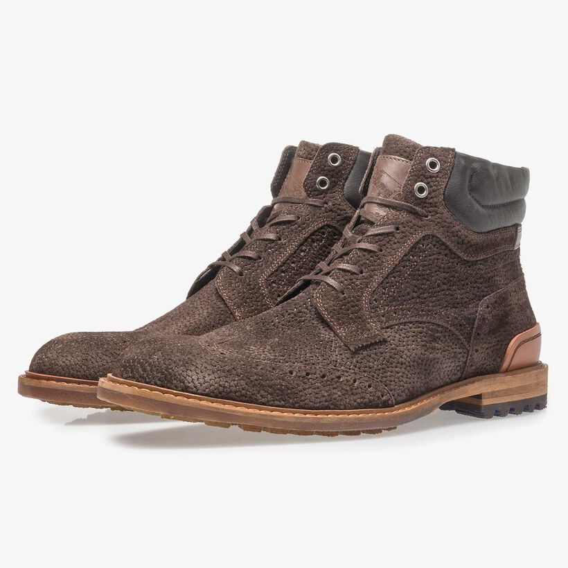 Dunkelbrauner Wildleder-Schn&uuml;rstiefel mit Print