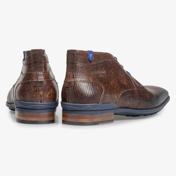 Dunkelbrauner Leder-Schn&uuml;rstiefel mit Eidechsenprint