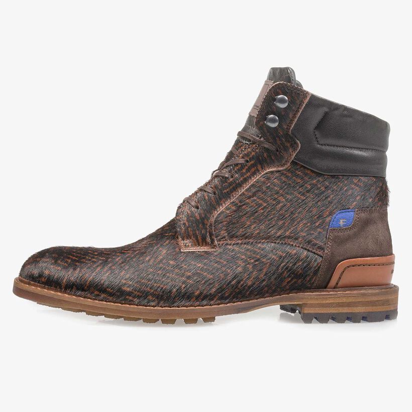 Premium cognac-coloured printed pony hair lace boot
