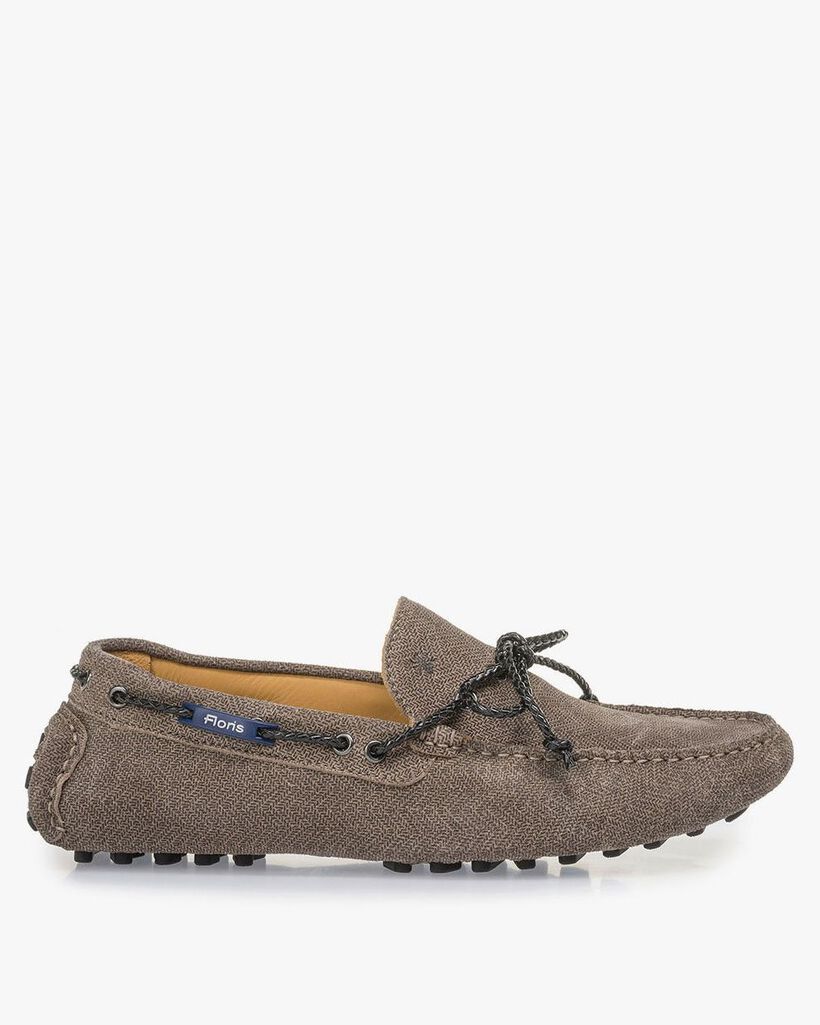 Sand-coloured suede leather moccasin with print