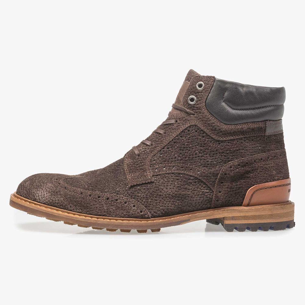 Dunkelbrauner Wildleder-Schn&uuml;rstiefel mit Print